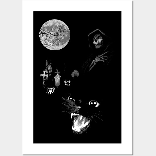 Spooky Moon Halloween Cemetery with Black Cat, Tombstones and Grim Reaper Wall Art by Occult Designs